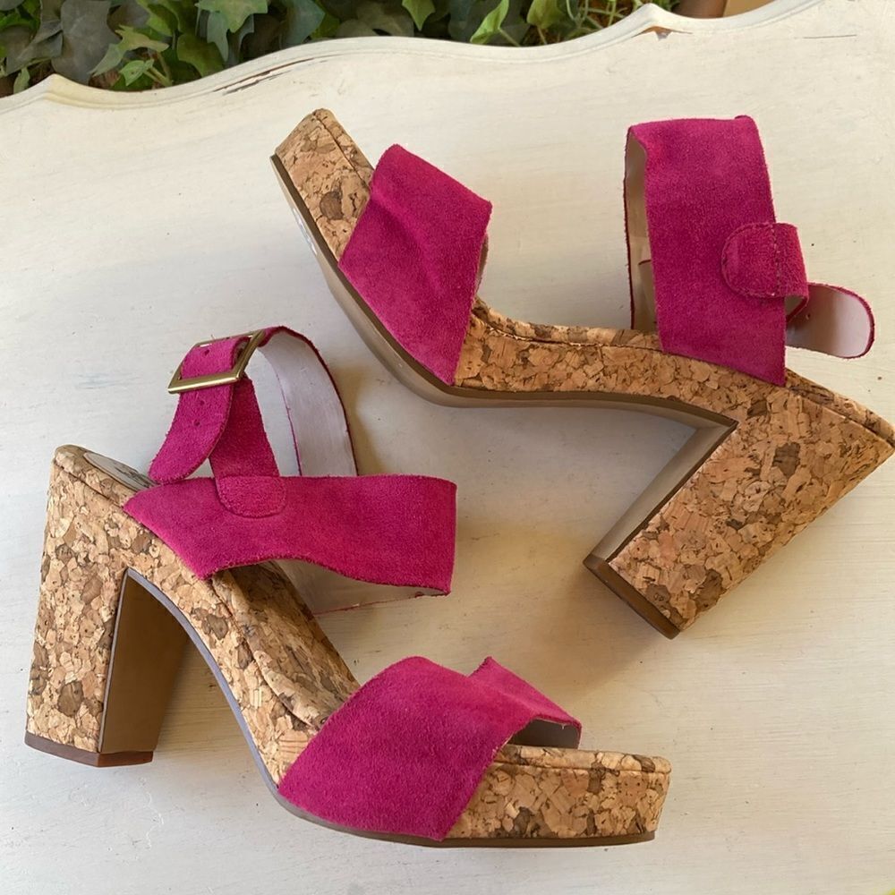 MRKT. Market Women’s Holly Berry Suede Cork Heel Sandals Size 9.5 Barbiecore